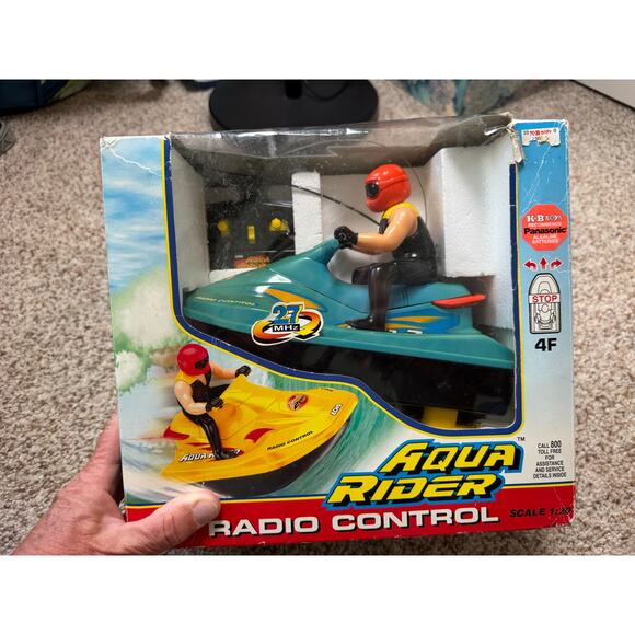 Vintage Jet Ski;  AQUA RIDER w/ Remote; Original Box from K.B. Toys, Teal; 80's - Picture 7 of 15